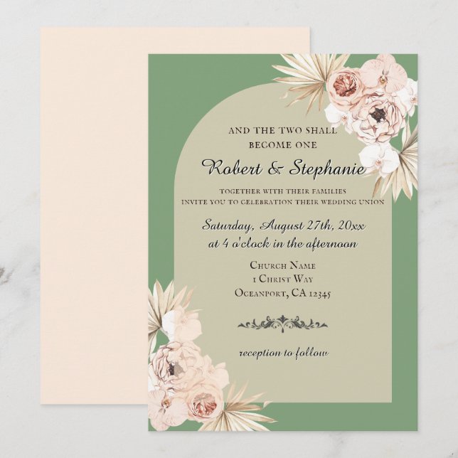 Invitación Elegante Boda Cristiana Bohemiana de Primavera con (Anverso / Reverso)