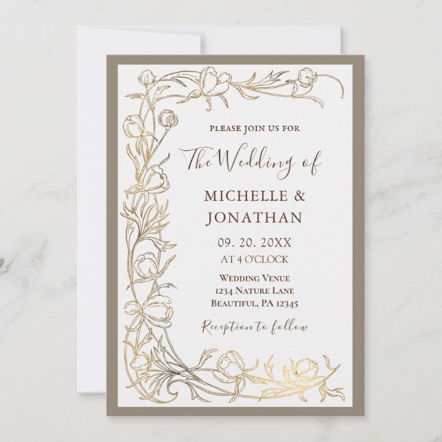 Invitación Elegante Boda cristiano con flores de oro delgadas (Anverso)