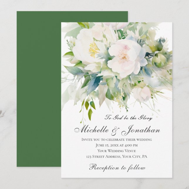 Invitación Elegante Boda cristiano de flores blancas (Anverso / Reverso)