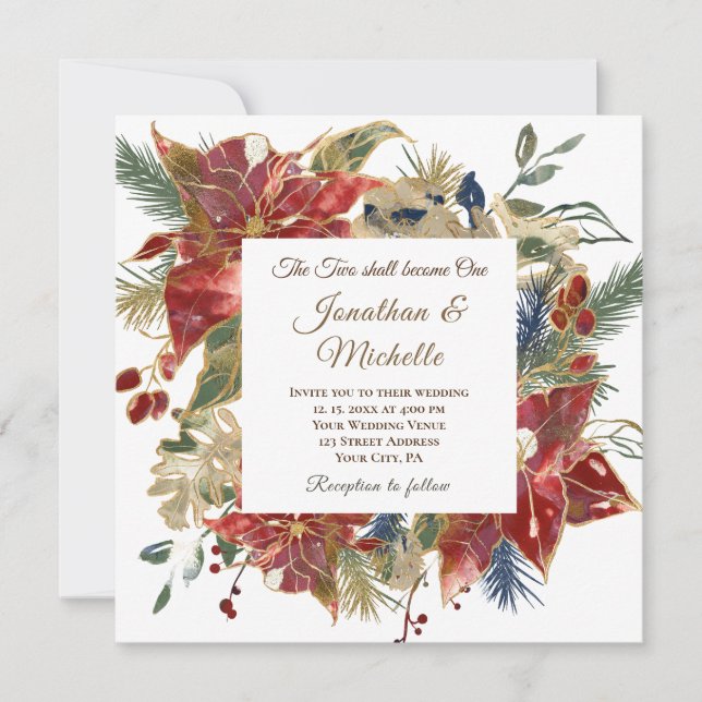 Invitación Elegante Boda cristiano de invierno con flores roj (Anverso)