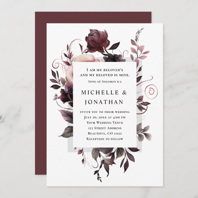 Invitación Elegante Boda cristiano de la bíblica floral gris  (Anverso / Reverso)