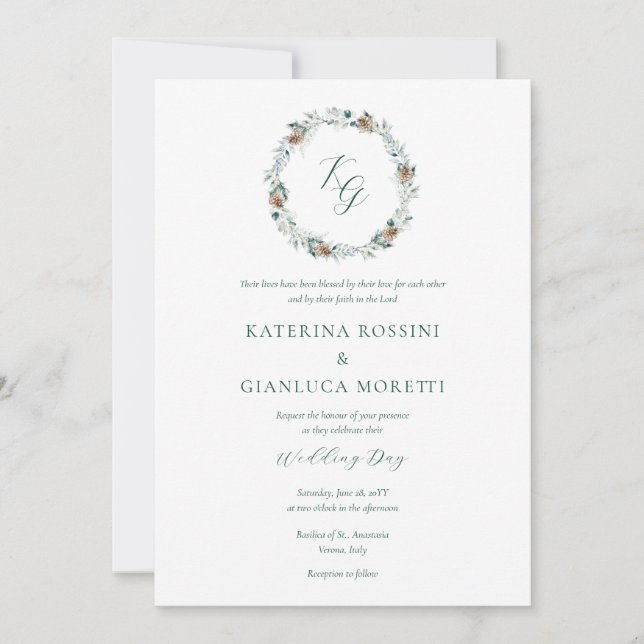 Invitación Elegante Boda cristiano de la vegetación de invier (Anverso)