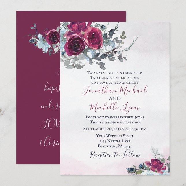 Invitación Elegante Boda cristiano de las rosas blancas de Bo (Anverso / Reverso)