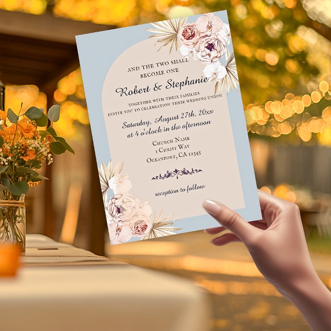 Invitación Elegante Boda cristiano del Boho Spring Peony (Two become one pink floral arched wedding invitations )