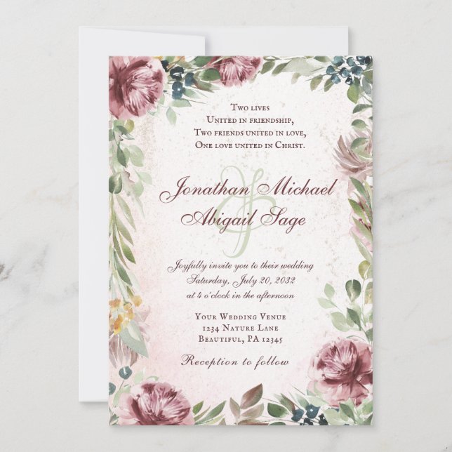 Invitación Elegante Boda cristiano mauve peolino floral (Anverso)