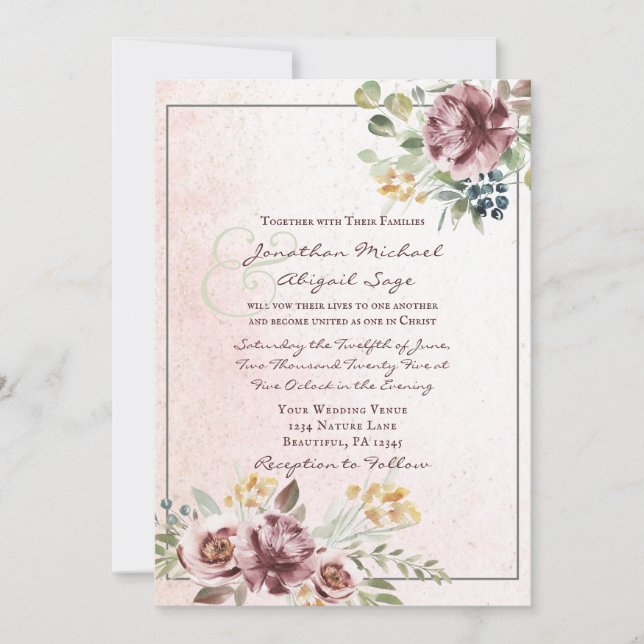 Invitación Elegante Boda cristiano mauve Rubor floral rosa (Anverso)