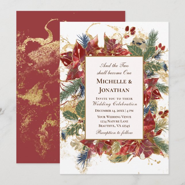 Invitación Elegante Boda cristiano Navidades del Oro Rojo Ver (Anverso / Reverso)