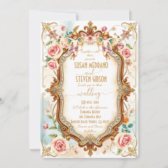 Invitación Elegante Boda Cupido Floral Británico (Anverso)