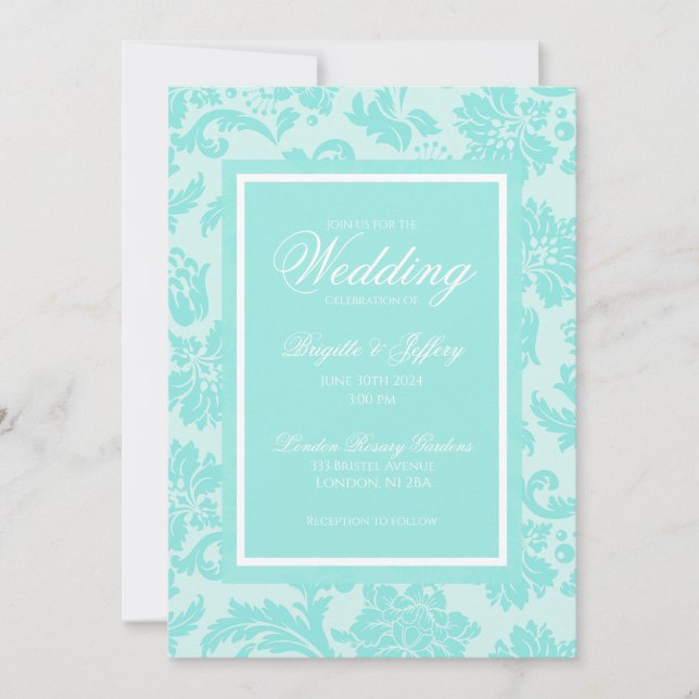 Invitación Elegante boda damasco azul verde (Anverso)