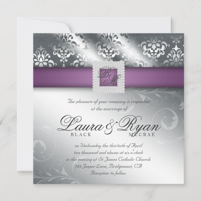 Invitación Elegante Boda Damask Jewel Plata Púrpura (Anverso)