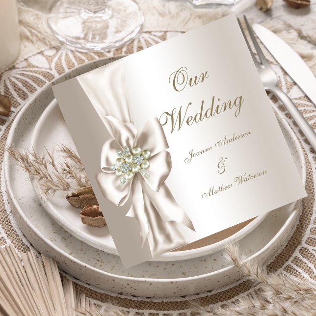 Invitación Elegante Boda Damask Pearl Cream White Bow (Subido por el creador)