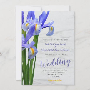 Invitación Elegante Boda de Acuarela Azul Floral y Mármol