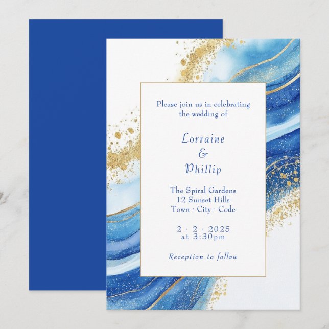 Invitación Elegante Boda de acuarela azul y oro (Anverso / Reverso)
