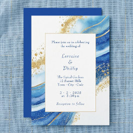 Invitación Elegante Boda de acuarela azul y oro
