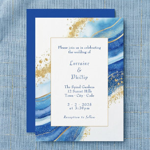 Invitación Elegante Boda de acuarela azul y oro