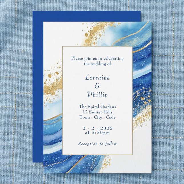 Invitación Elegante Boda de acuarela azul y oro (Elegant Blue and Gold Watercolor Wedding Invitation)