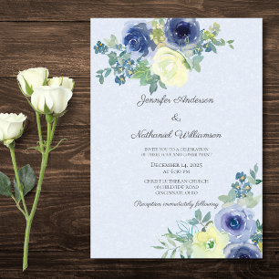 Invitación Elegante Boda de acuarela azul y Rosa de marfil
