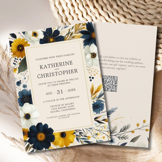 Invitación Elegante Boda de acuarela beige de flores silvestr (Watercolor Floral Elegant Beige Wedding Invitation with Blue and Yellow Wildflowers, QR Code.)