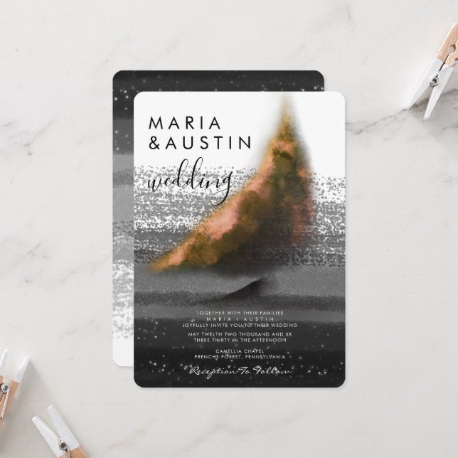 Invitación Elegante Boda de acuarela blanca y negra (Anverso/Reverso In Situ)