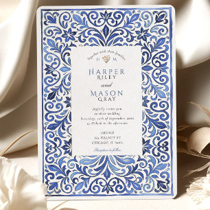 Invitación Elegante boda de acuarela con azulejo azul italian
