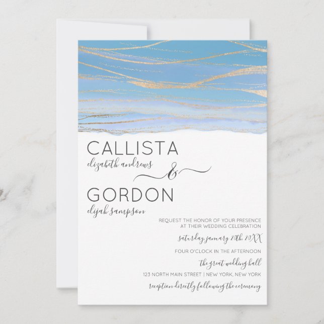 Invitación Elegante Boda de acuarela con vino azul cielo dora (Anverso)