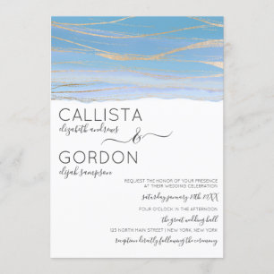 Invitación Elegante Boda de acuarela con vino azul cielo dora