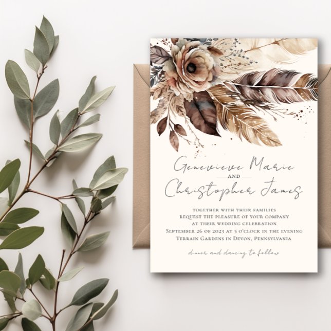 Invitación Elegante Boda de acuarela de Boho Feather Floral (Subido por el creador)