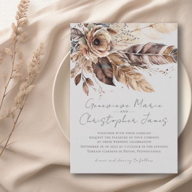 Invitación Elegante Boda de acuarela de Boho Feather Floral (Subido por el creador)