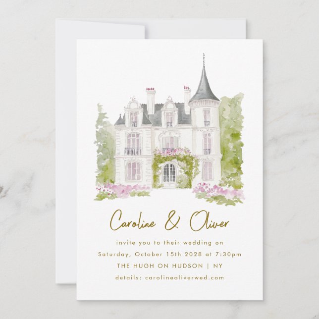 Invitación Elegante Boda de acuarela de Chateau francés (Anverso)
