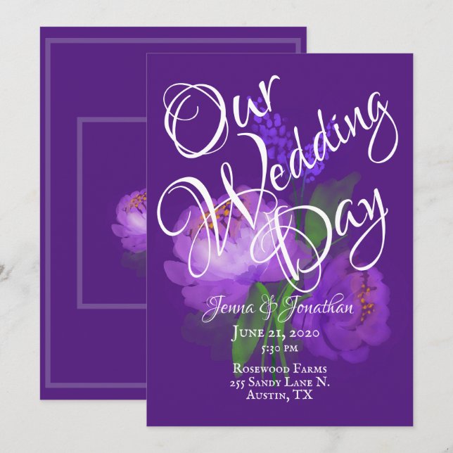 Invitación Elegante Boda de acuarela de escritura floral púrp (Anverso / Reverso)