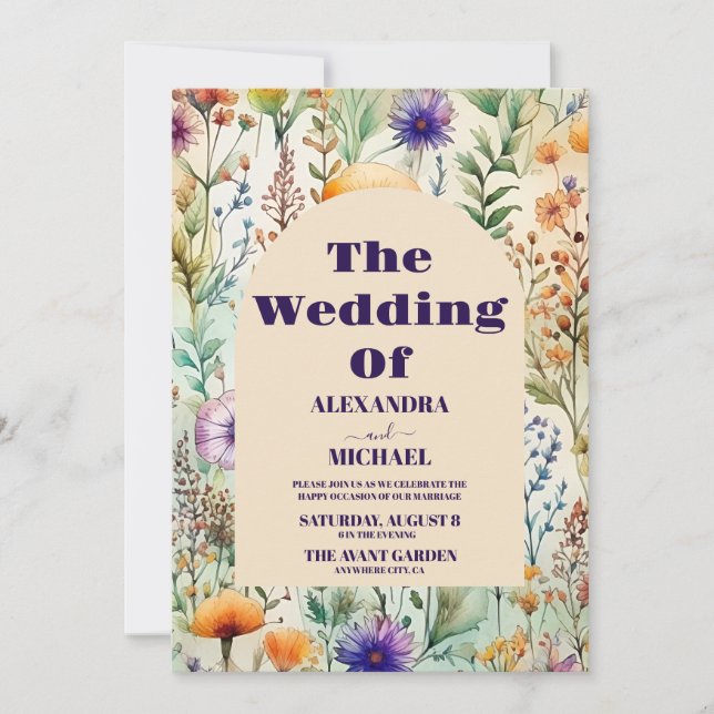 Invitación Elegante Boda de acuarela de flores silvestres (Anverso)