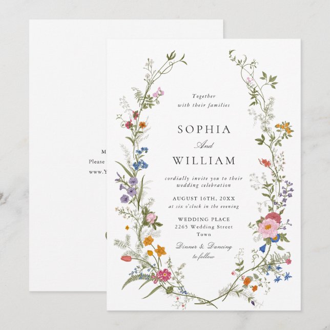 Invitación Elegante Boda de acuarela de flores silvestres (Anverso / Reverso)