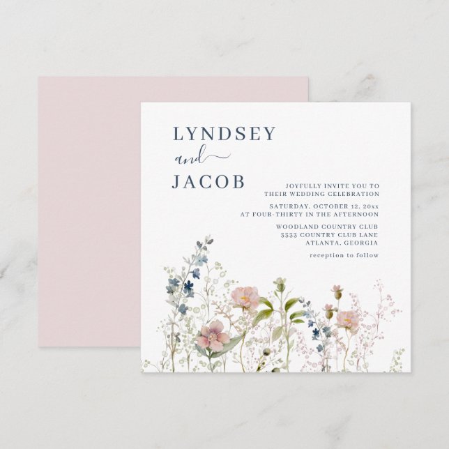 Invitación Elegante Boda de acuarela de flores silvestres (Anverso / Reverso)