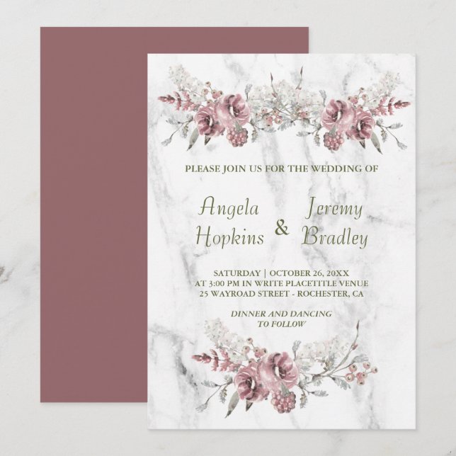 Invitación Elegante Boda de acuarela de mármol floral (Anverso / Reverso)