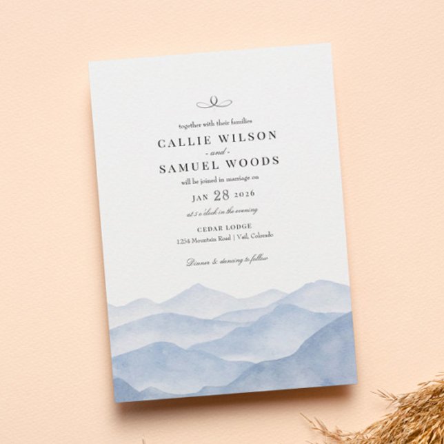 Invitación Elegante Boda de acuarela de montaña azul rústico (Subido por el creador)