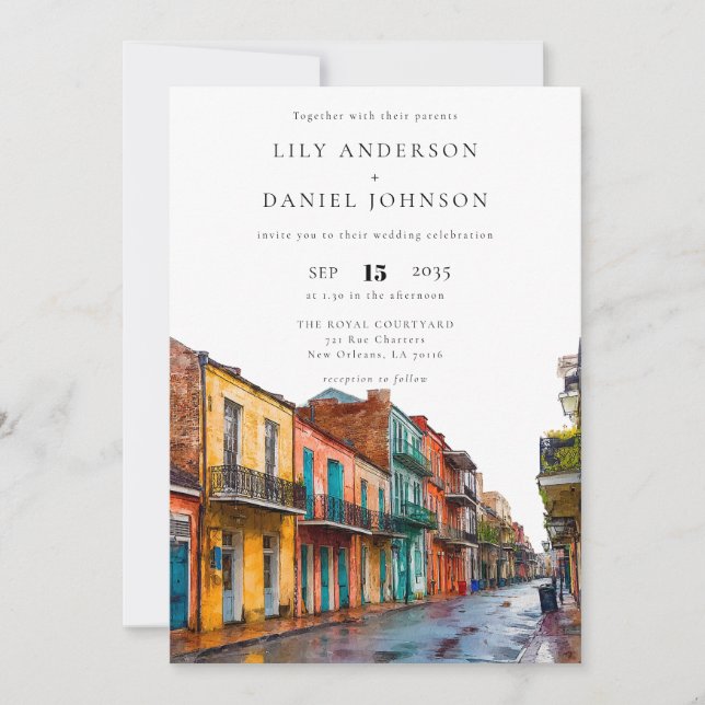 Invitación Elegante Boda de Acuarela de Nueva Orleans (Anverso)