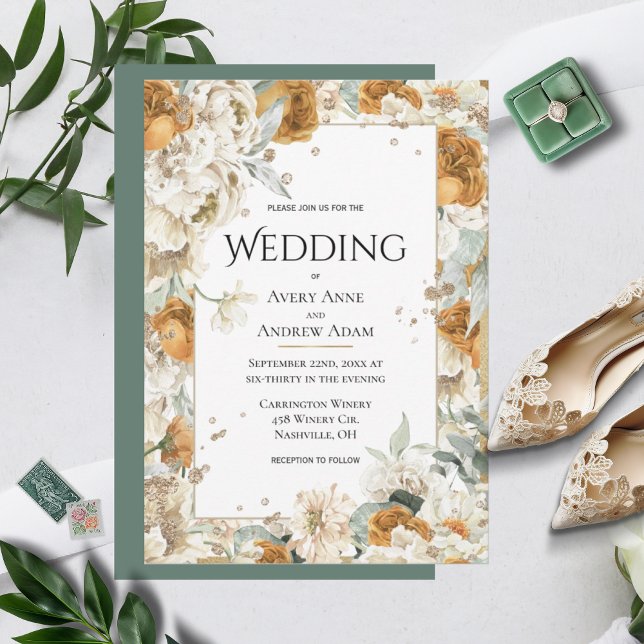 Invitación Elegante Boda de acuarela de oro floral neutro (Subido por el creador)