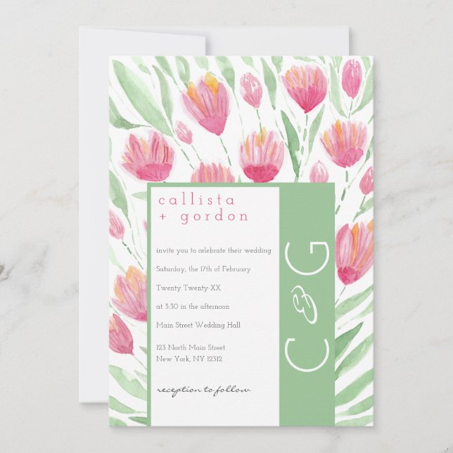 Invitación Elegante Boda de acuarela de tulipán verde rosa fl (Anverso)