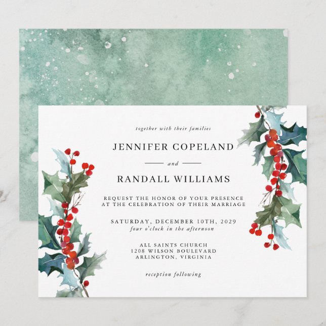 Invitación Elegante Boda de acuarela de verdor de vacaciones (Anverso / Reverso)