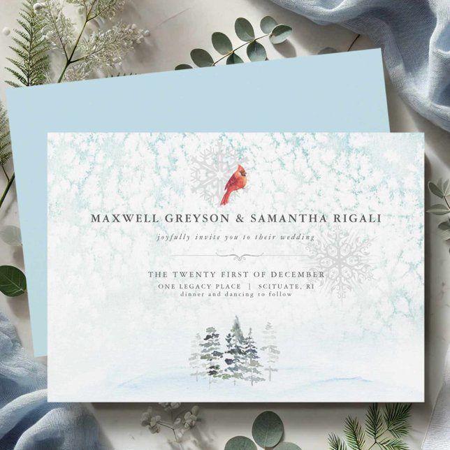 Invitación Elegante Boda de acuarela de Winter Pines (Blue wedding invitations watercolor winter scene with red cardinal.)