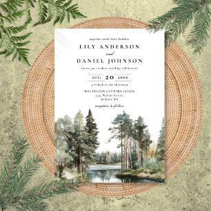 Invitación Elegante boda de acuarela del bosque del lago del 