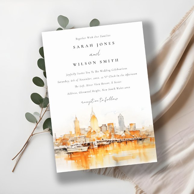 Invitación Elegante Boda de acuarela en Nashville City Skylin (Subido por el creador)