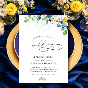 Invitación Elegante boda de acuarela floral amarilla y azul