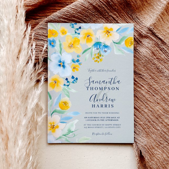 Invitación Elegante boda de acuarela floral amarillo (Subido por el creador)