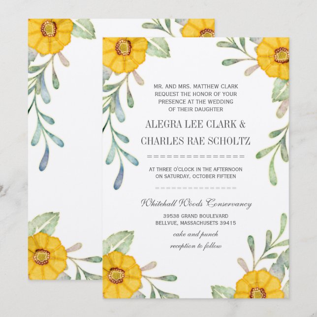 Invitación Elegante Boda de acuarela floral amarillo y verde (Anverso / Reverso)