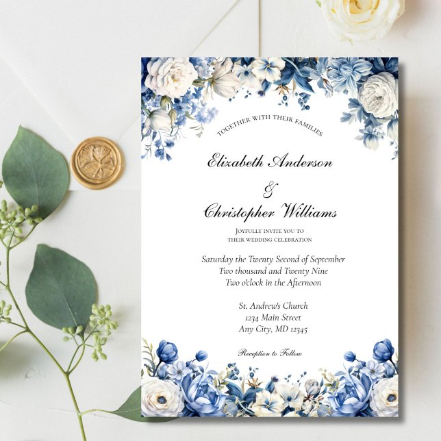 Invitación Elegante Boda de acuarela floral azul turquesa (Dusty blue white watercolor Floral wedding invitation. Printed or Digital Download)