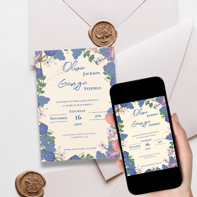 Invitación Elegante Boda de acuarela floral azul y púrpura (Elegant Blue & Purple Floral Watercolor Wedding Invitation)