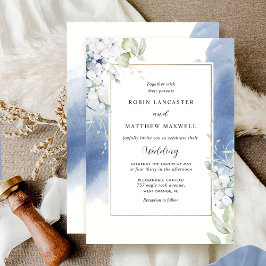 Invitación Elegante Boda de acuarela floral blanca y azul