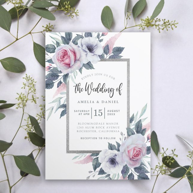 Invitación Elegante Boda de acuarela floral blanca y azul (Subido por el creador)