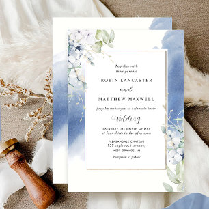 Invitación Elegante Boda de acuarela floral blanca y azul